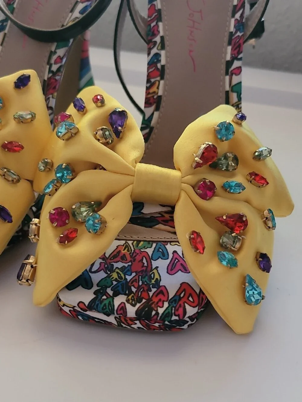 Betsey Johnson Yellow Bow Jeweled Ankle-Strap Peep-Toe RAINBOW Heels - Picture 3 of 9